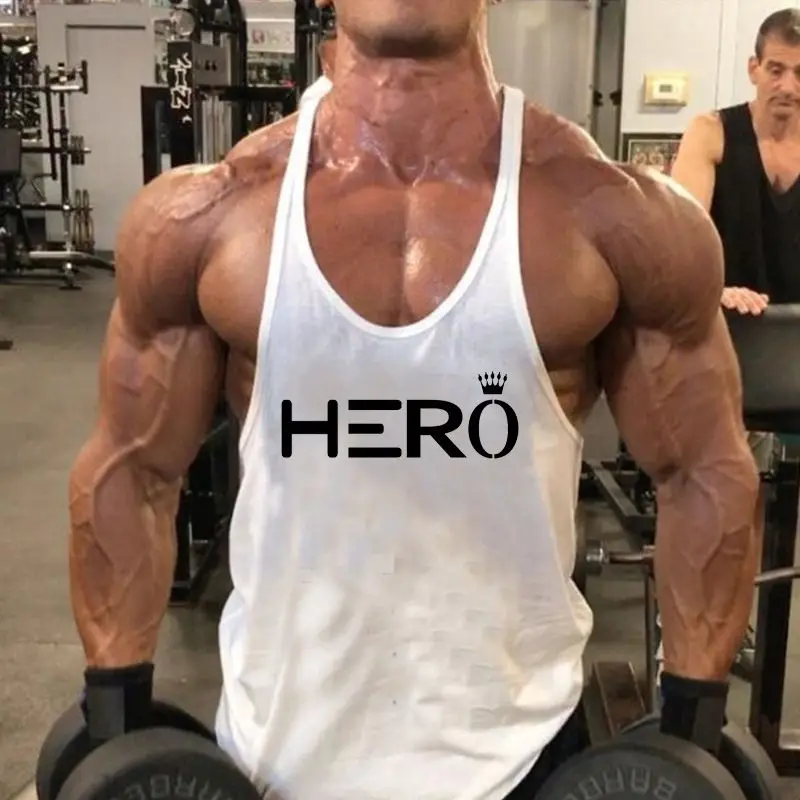Men's HERO Graphic Branded Gym Stringer Tank - Cotton Sleeveless Bodybuilding Singlet, Fitness Workout & Training Sportwear Vest