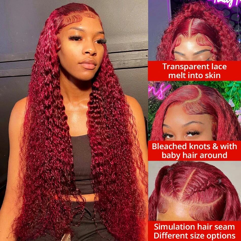 Burgundy Human Frontal HD Lace Wig 13x6 Human Hair 99J Curly Deep Wave Red Lace Front Human Hair Wigs For Women 200 250 Density