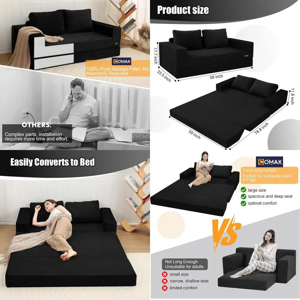 Convertible Queen Sofa Bed with Corduroy Fabric, Pull-Out Couch Bed, Sleeper with Pillows, Comfortable Lounge Mattress, Loveseat