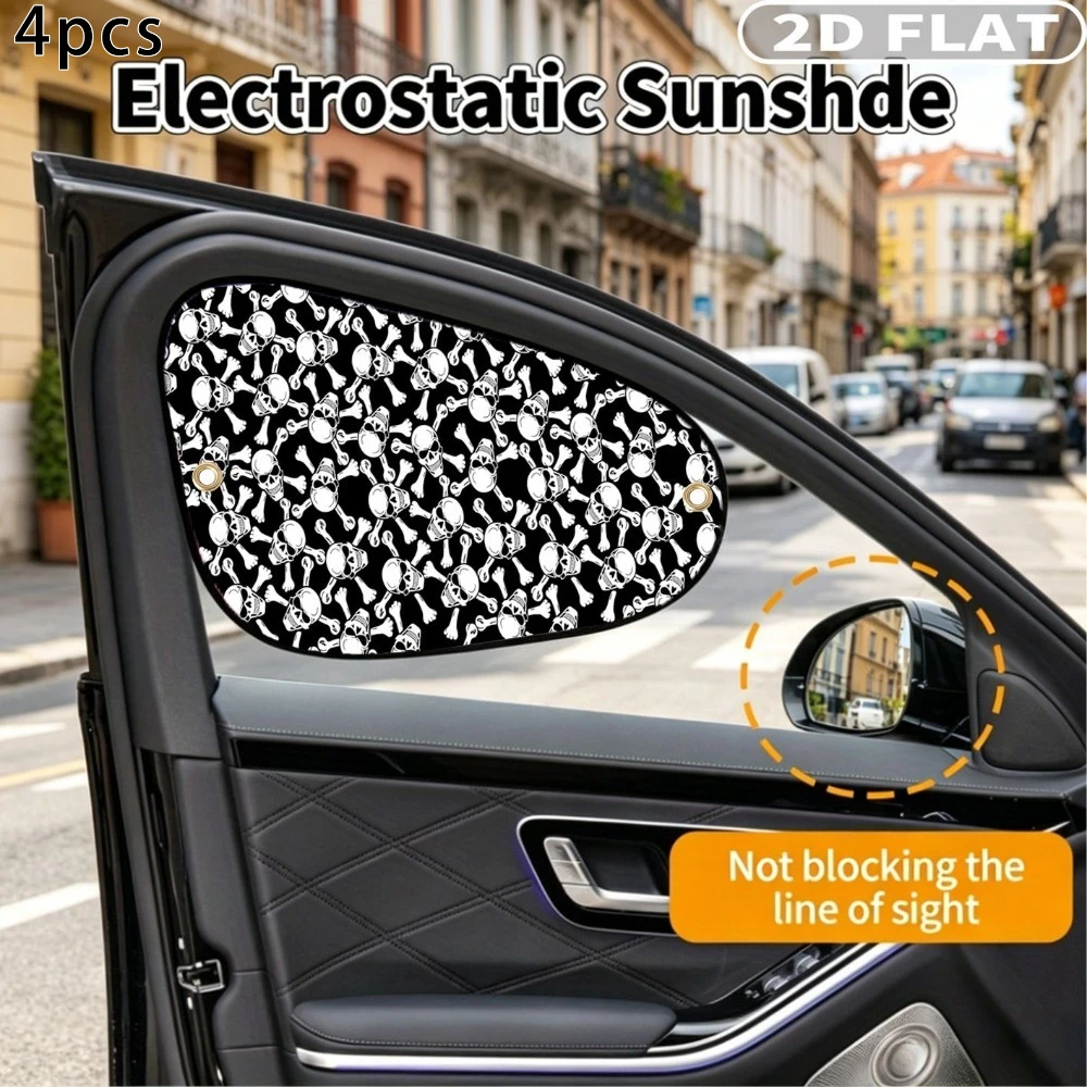 2D FLAT Printing 4pcs Car Side Window Sunshades With 8 Suction Cups, Black And White Skull Pattern Print Design, Car Side Window