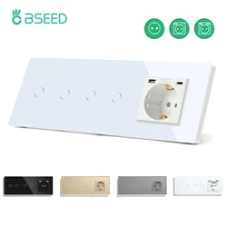 BSEED EU Standard Wall Touch Switches Double 2Gang 1Way With USB Type-c EU Wall Socket Black White Golden Touch Light Switches