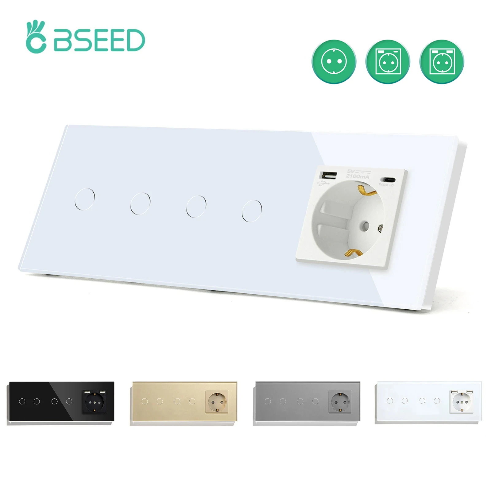 BSEED EU Standard Wall Touch Switches Double 2Gang 1Way With USB Type-c EU Wall Socket Black White Golden Touch Light Switches