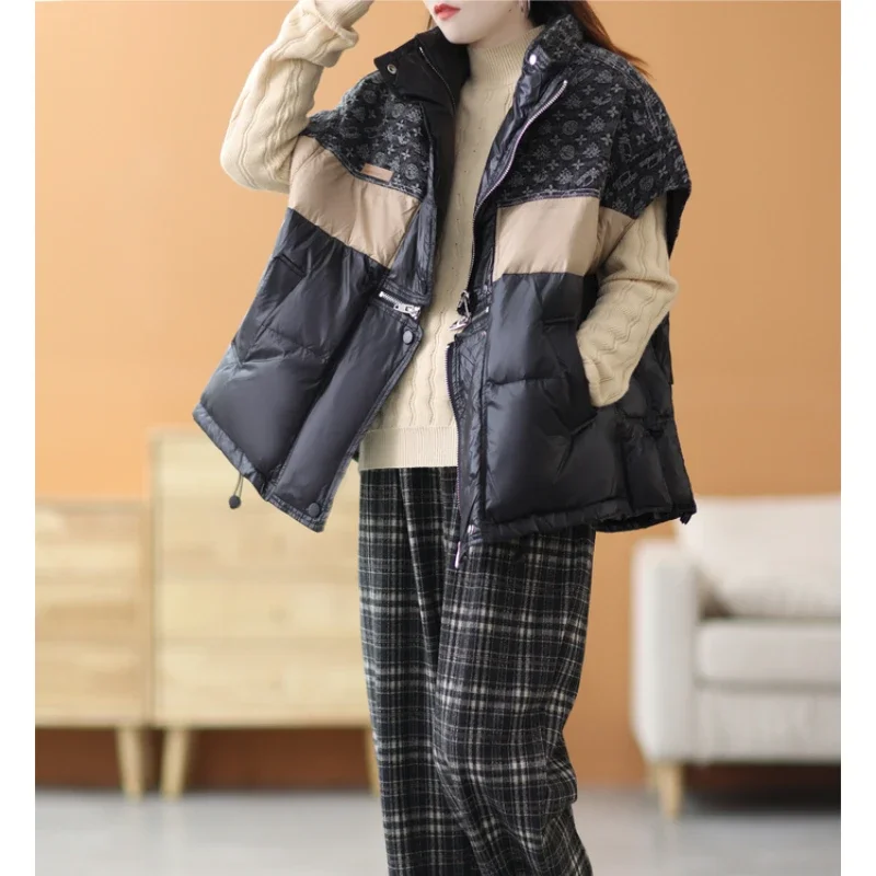 Col montant contrasté vers le bas gilet femme court ample et à la mode blanc canard vers le bas Camisole veste manteaux d'hiver femmes