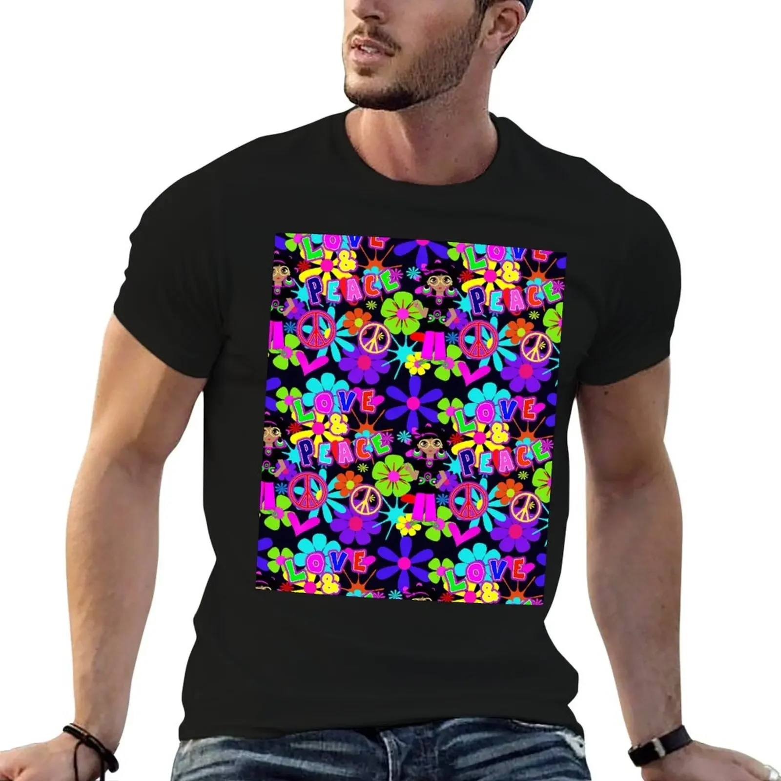 

Groovy Hippie Flower Power Love & Peace Colorful 60's Retro Pattern T-Shirt summer tops street wear Short sleeve tee men