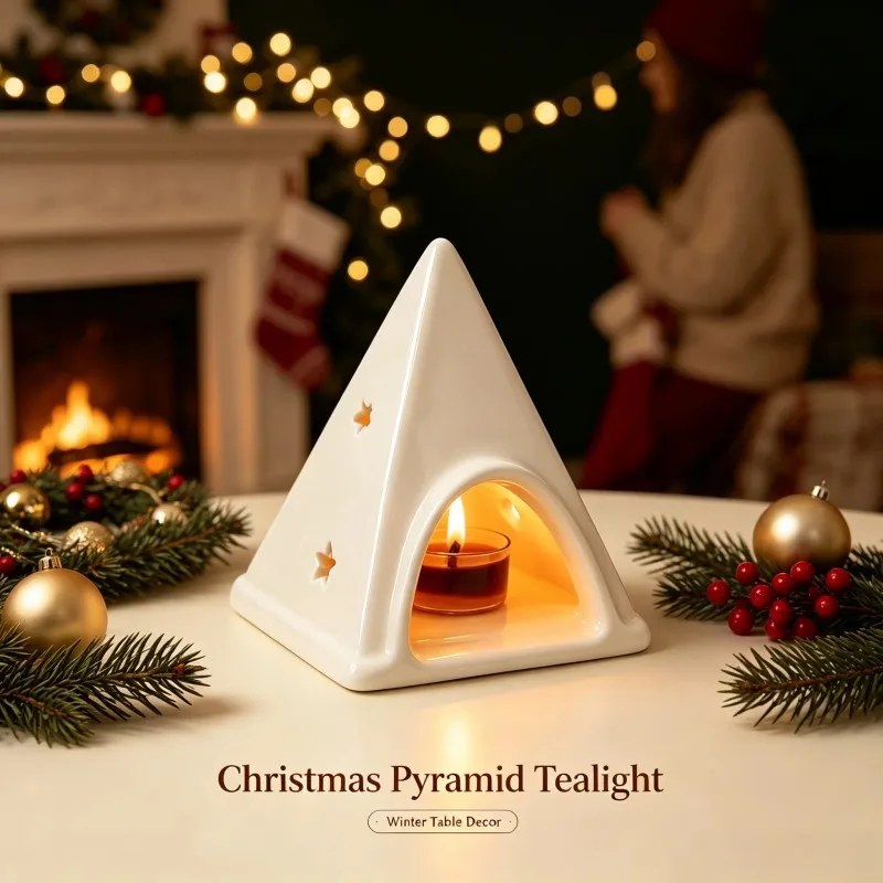 Christmas Pyramid Ceramic Tealight Holder Star Aroma Wax Warmer White Pyramid Candle Holder Tabletop Holiday Home Decor Gift