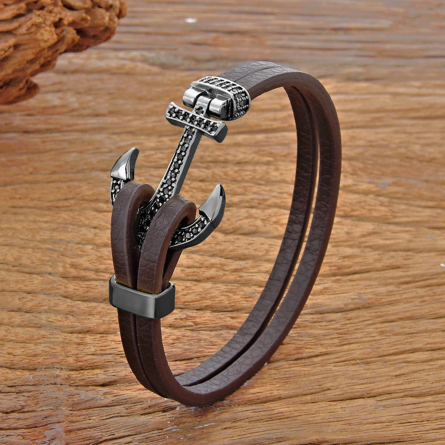 Trend Brass Micro-Inlaid Zircon Anchor Shape Men Bracelet Balck Brown Double Leather Bangles Classic Women Jewelry Sport Buckle