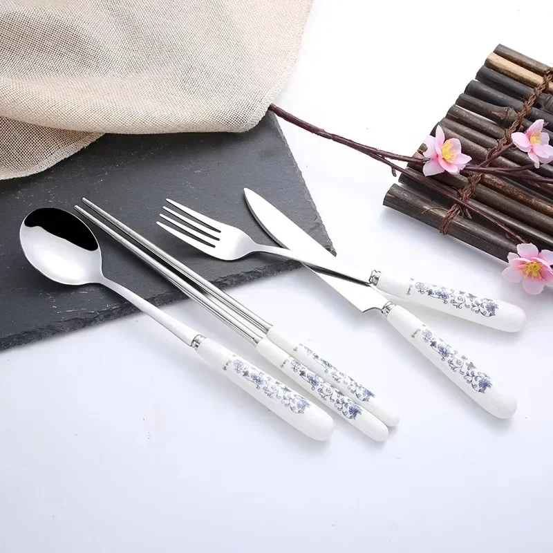 Blue and white porcelain cutlery spoon stainless steel spoon Western tableware set ceramic handle knife and fork dinner set