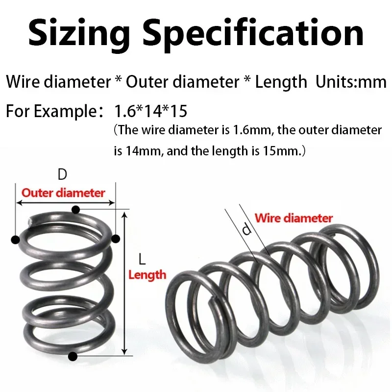 10/5Pcs 1.6mm 65Mn Spring Steel Return Compression Spring, OD: 9/10/11/12/13/14/15/16/17/18/20/22/24/25mm, Length: 15mm-100mm