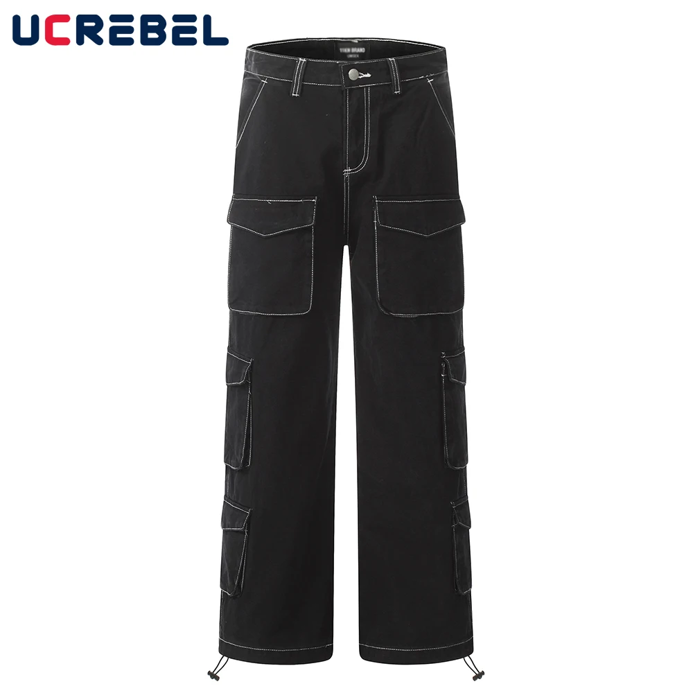 

Multi-Pocket Denim Jogger Pants Mens Top Stitch High Street Loose Straight Dark Jeans Men