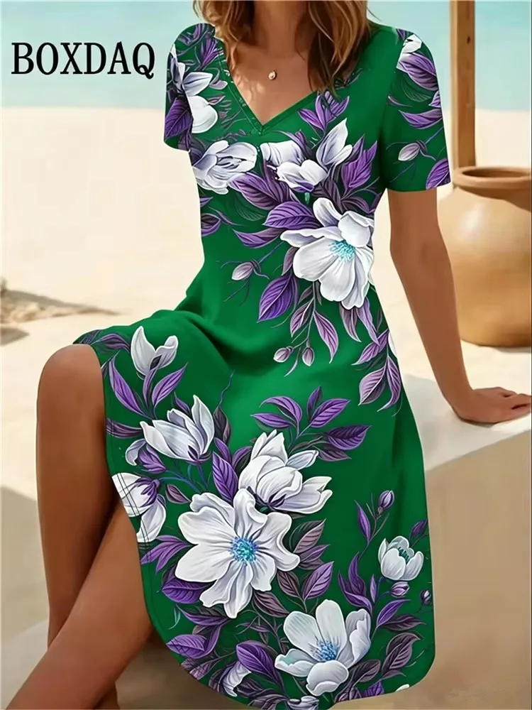 6XL Plus Size Women Dresses Summer Beach Casual A-Line Dress Vintage Boho Floral Print Short Sleeve V-Neck Loose Dress Vestidos