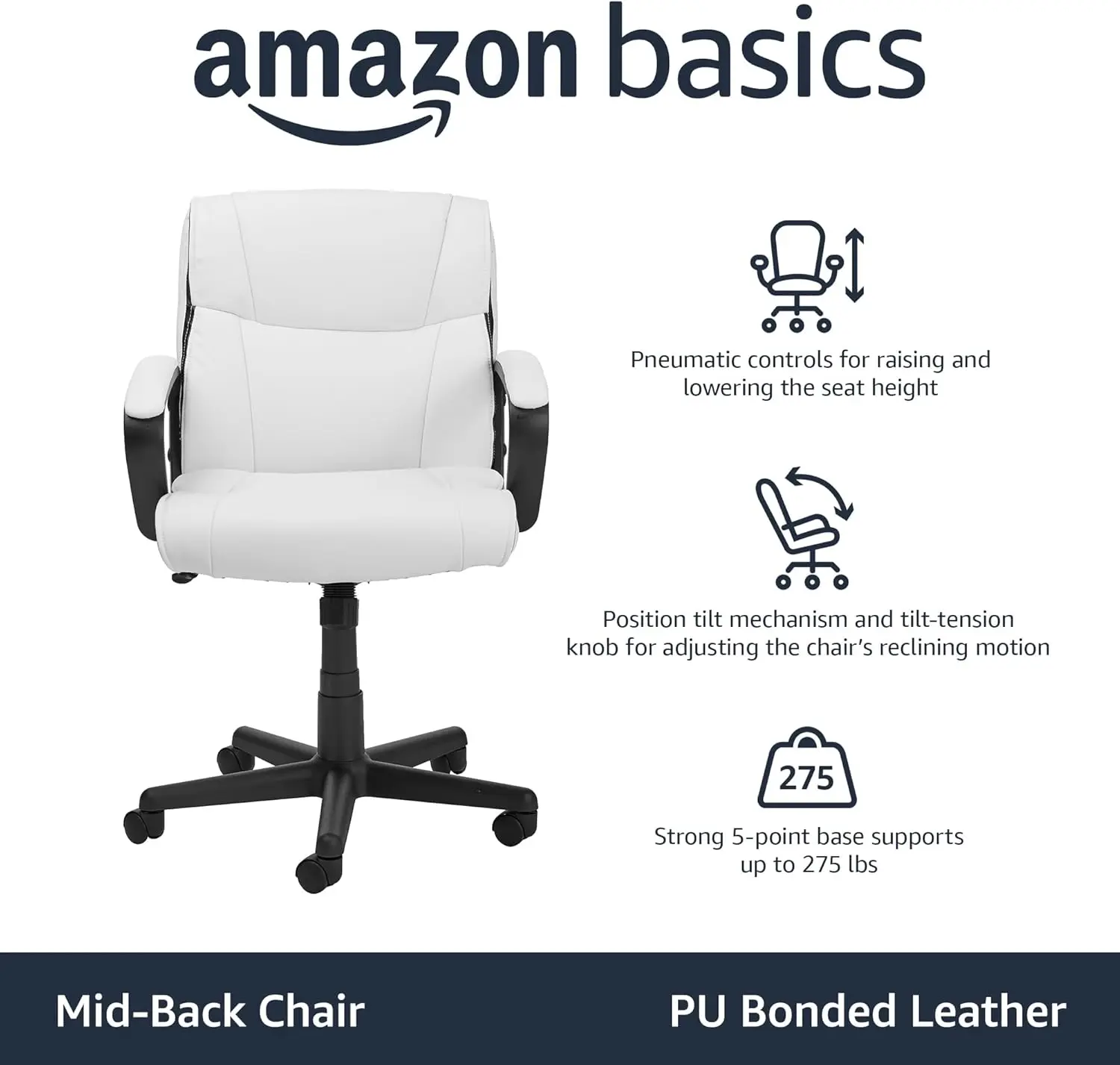 Amazon Basics Office Computer Task Desk Chair with Padded Armrests, Mid-Back, Adjustable, 360 Swivel Rolling,275 Pound Capacity,