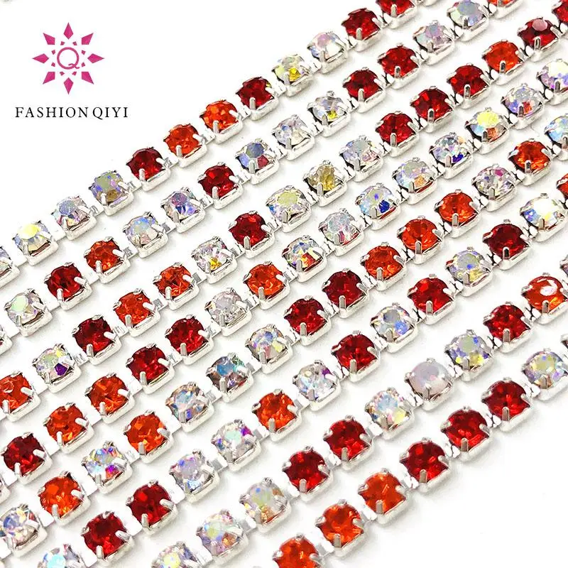 Hot selling 5 yards Mixed rose/WhiteAB 2mm-3mm silver base glass rhinestones cup chain diy wedding dress clothing accessories