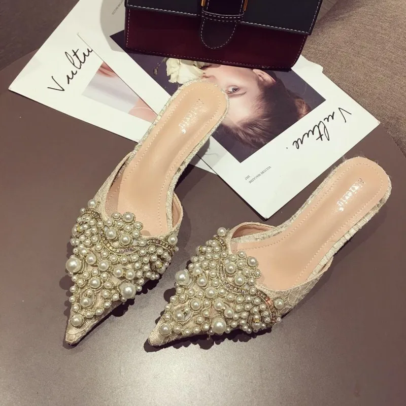 Designer Wedding Shoes Mid Heel Slippers Women Pearl Shoes Pointed Toe String Bead Pumps Lady Thin Heels Slides Elegant Female