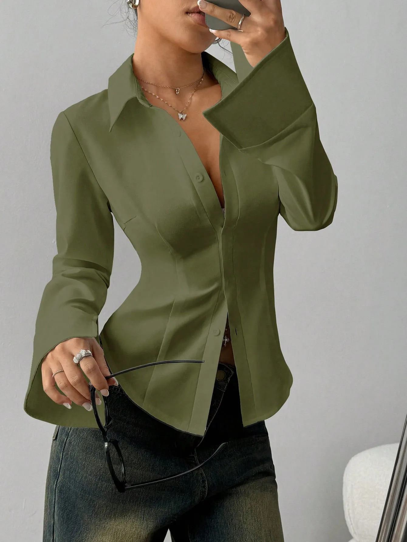 Regular Sleeve No Pattern Top Waist Cinching Elegant with Blouses Elegant Professional Notched Collar Shirt Tops for Women