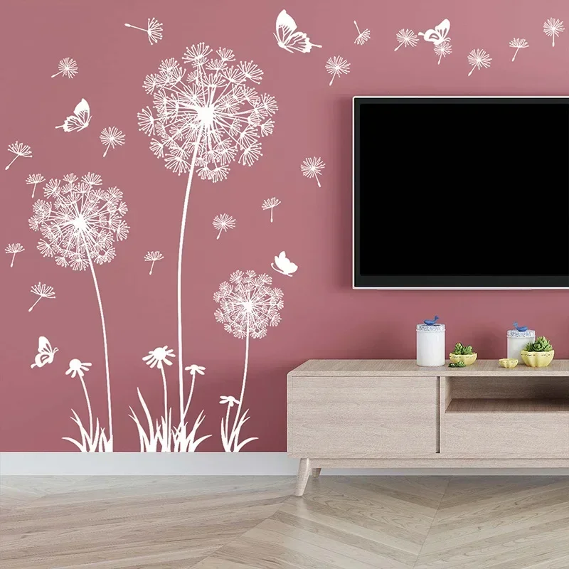 DIY White Dandelion Wall Sticker Decals Waterproof DIY Decorative Peel and Paste Butterflies Flying for Sofa Backdrop Accessory