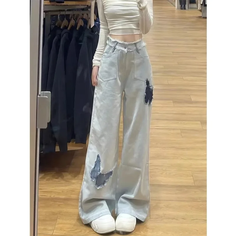 

Light Blue Fringed Butterfly Straight-leg Jeans Women Autumn Style Embroidery Design High-waisted Loose Slimming Wide-leg Pants