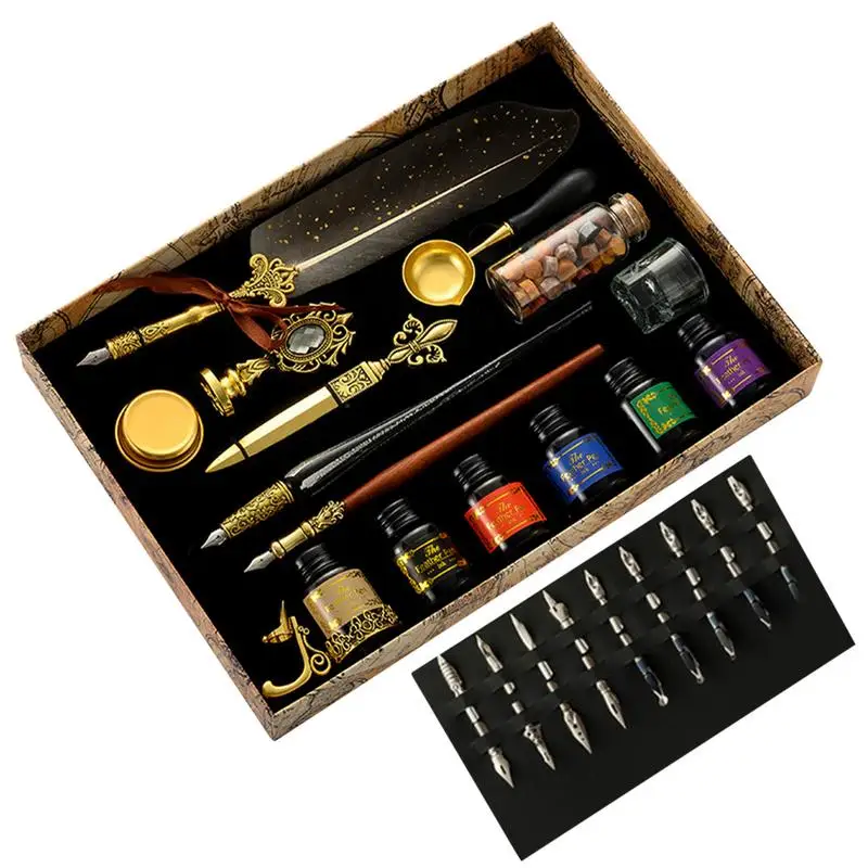 

Feather Quill Pen Set Vintage Calligraphy Dip Pen Kit Dip Pen Sealing Wax Seal Stamp Spoon Envelope Tool Best Gift Kit For