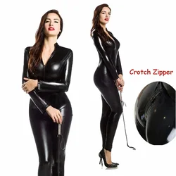 Nieuwe Sexy Wetlook Pvc Latex Bodysuit Voor Vrouwen Dubbele Rits Open Kruis Nachtclub Dans Slijtage Lederen Lingerie Catsuit