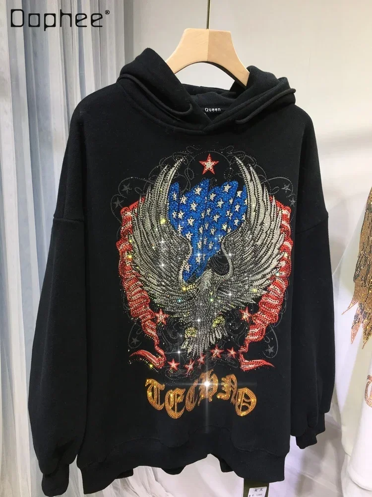 

Oversized Brushed Fleece Hoody 2023 Autumn Winter New Hot Drilling Wings Eagle Relaxed-Fit Hoodie Top Sweatshirt Jacket Women