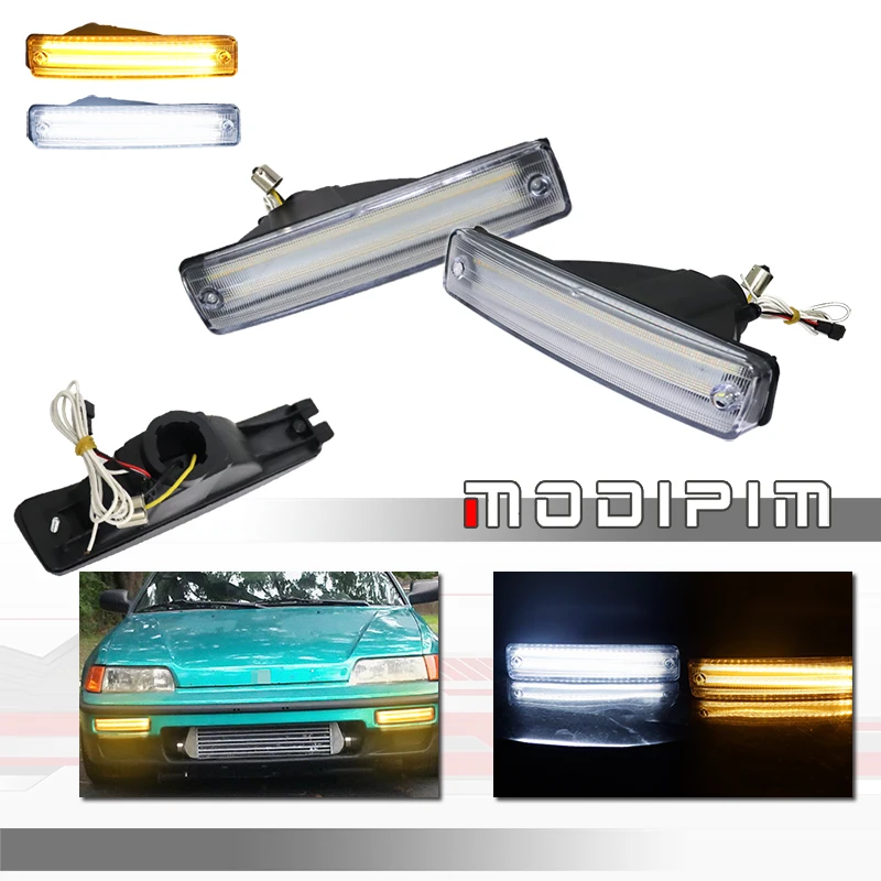 

Switchback Amber Yellow LED Car Front Bumper Turn Signal Lights w/ Xenon White DRL/Driving Lights For 1990 1991 Honda CR-X / CRX