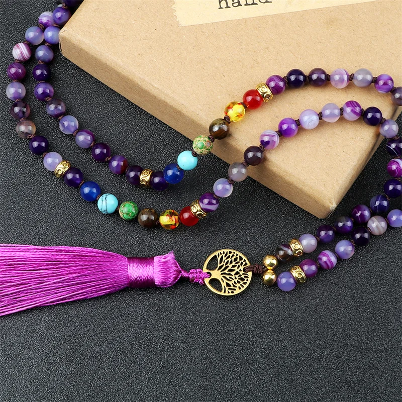 Natural Purple Agates Stone Necklace For Women Girls 7 Chakra Reiki 108 Japamala Mala Beads Knotted Tassel Long Necklace Jewelry