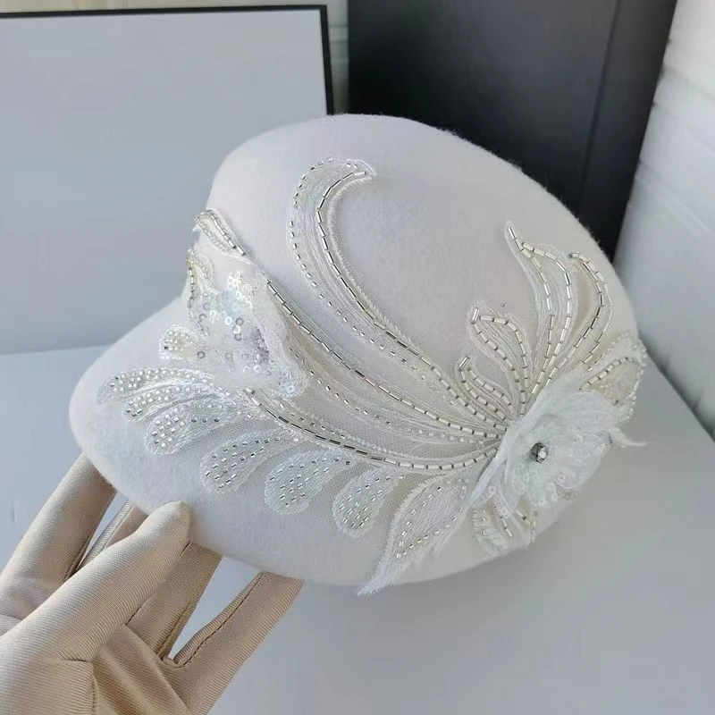 High-end white large flower rhinestone wool equestrian hat elegant fashion ladies banquet hat