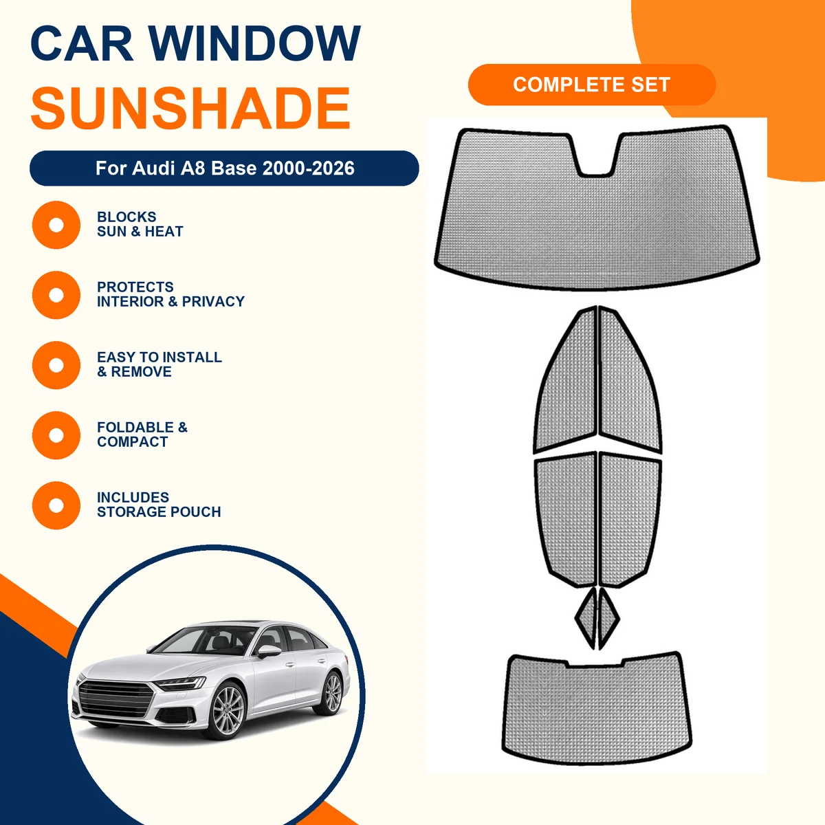 For Audi A8 Base 2000-2026 Custom Full Set Window Sunshades Aluminum Foil Suction Cup Anti UV Privacy
