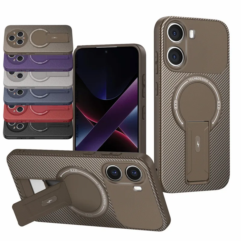 Carbon Faser Muster Rüstung Telefon Fall Für Xiaomi Poco X7 Pro F7 Ultra Abdeckung Magnetische Drahtlose Chraging Falten Stehen Zurück Fundas