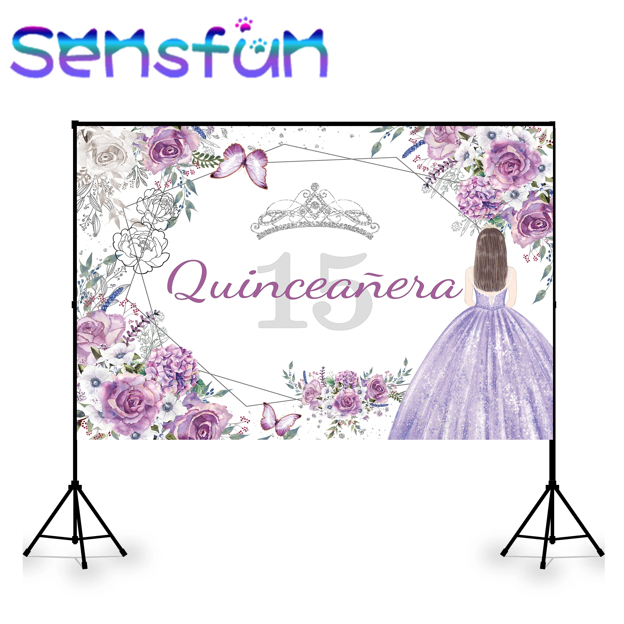 Quinceanera 15 16th Princess Birthday Party Backdrop Sweet Girl Pink Dress Purple Butterfly Decor Girl Portrait Photo Background