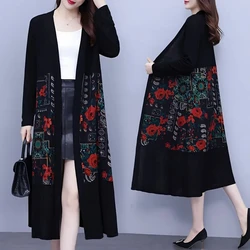 Spring Summer Thin Windbreaker Women New Floral  Print Patchwork Cardigan Shawl Long Trench Coat  Mother Sunscreen Clothes 5XL