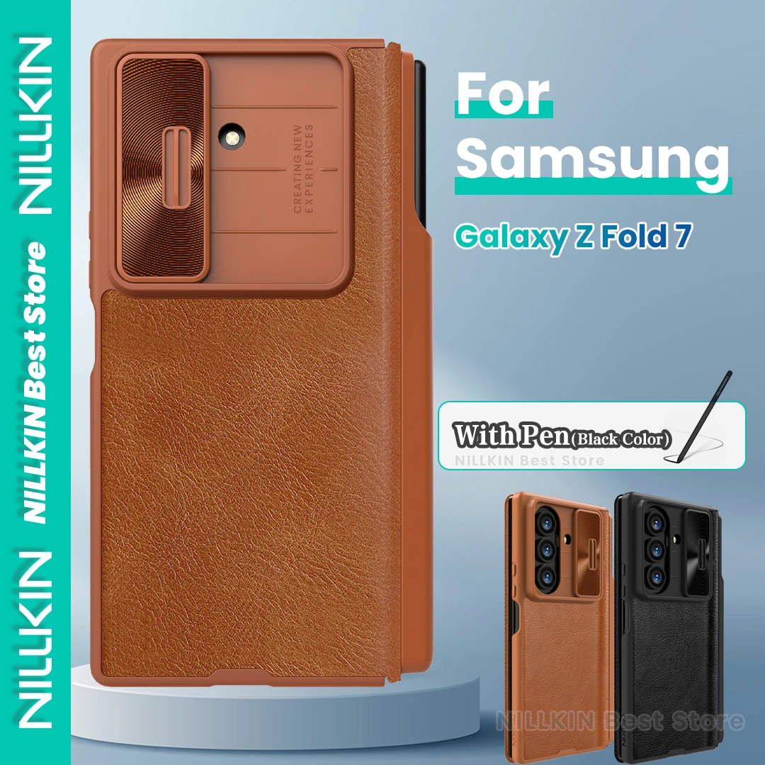 

Кожаный флип-чехол Nillkin для телефона Samsung Galaxy Z Fold 7, съемный чехол для карт со слотом для ручки, раздвижной чехол для объектива со стилусом Nillkin