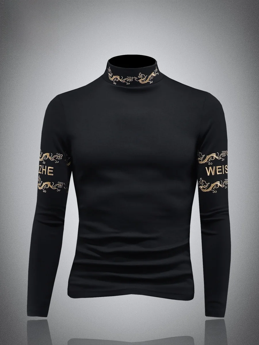 

Men's Faionable Embroidered Slim Fit f High Collar T-irt ort Sve Breathable Comfortable Cotton Autumn Top