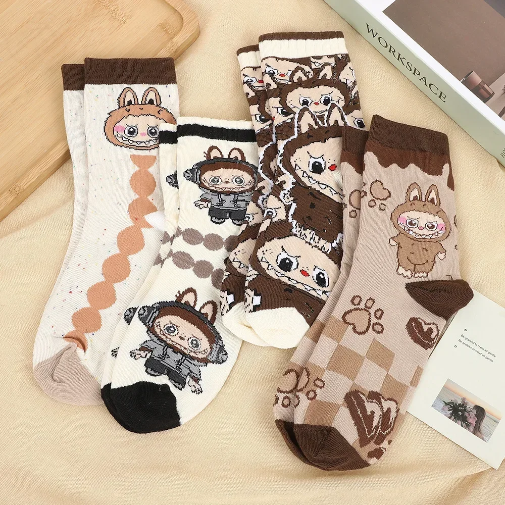 3/4/5 pairs of cotton socks LABUBU labbubu cartoon new mid-calf socks, cute four-season cotton socks, absorbent adult average