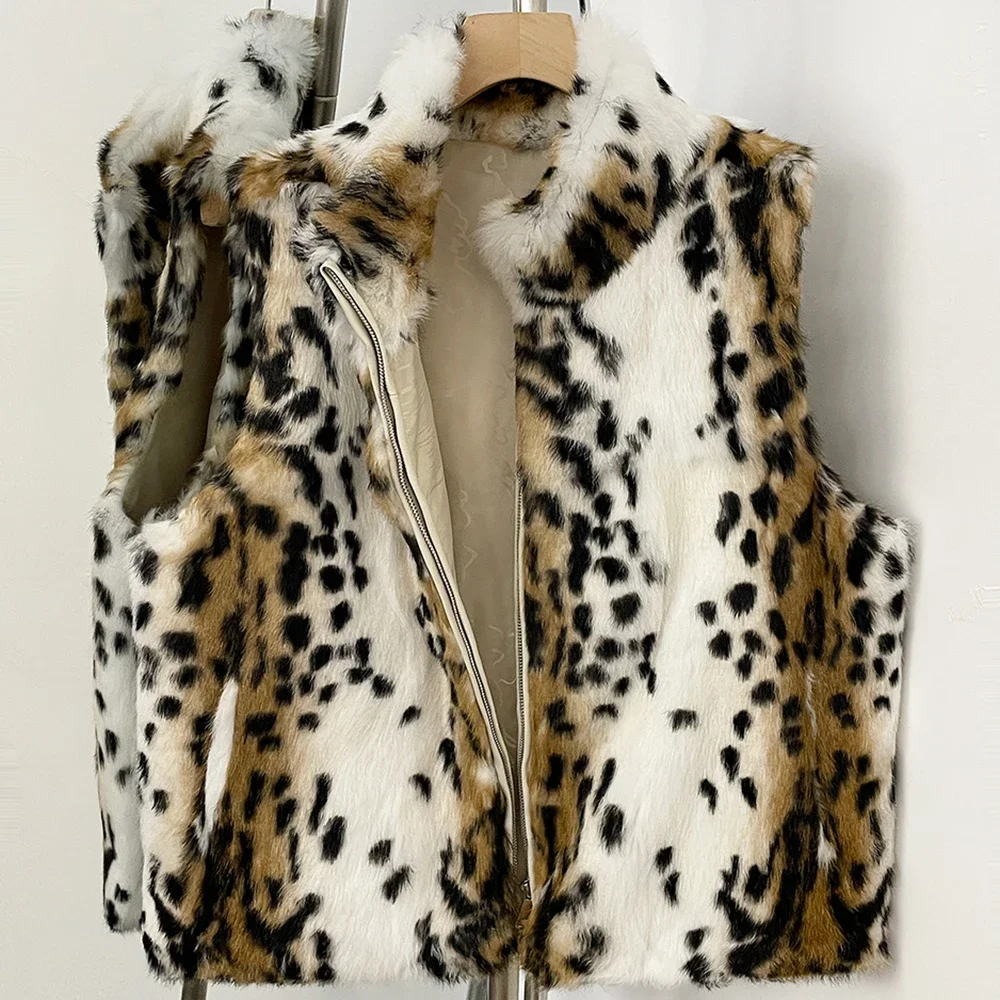 OFTBUY Neue Winter-Luxus-Oberbekleidung für Damen, Echte Kaninchenfell-Weste mit Stehkragen, Reißverschluss, Ärmellos, Natürliche Pelzweste für Damen – Detail 8
