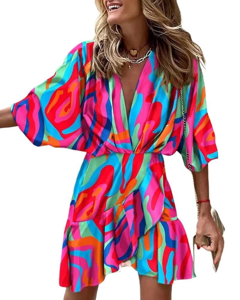 

Bohemian Irregular Dress Women Summer Short Batwing Sleeve Beach Vacation Dresses Ladies Retro Print V-neck Ruffle Party Dress