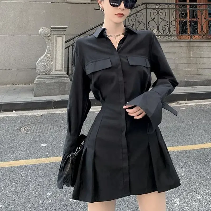 Black Shirt Dress Women Elegant Vintage Long Sleeve Pleated Dress Sexy Gothic Y2k Turn Down Collar Casual Mini Vestidos