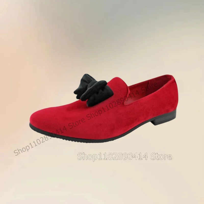 Black Bow Knot Decor Red Corduroy Men Loafers Fashion Slip On Men Shoes Luxurious Handmade Party Feast Banquet Men Casual Shoes