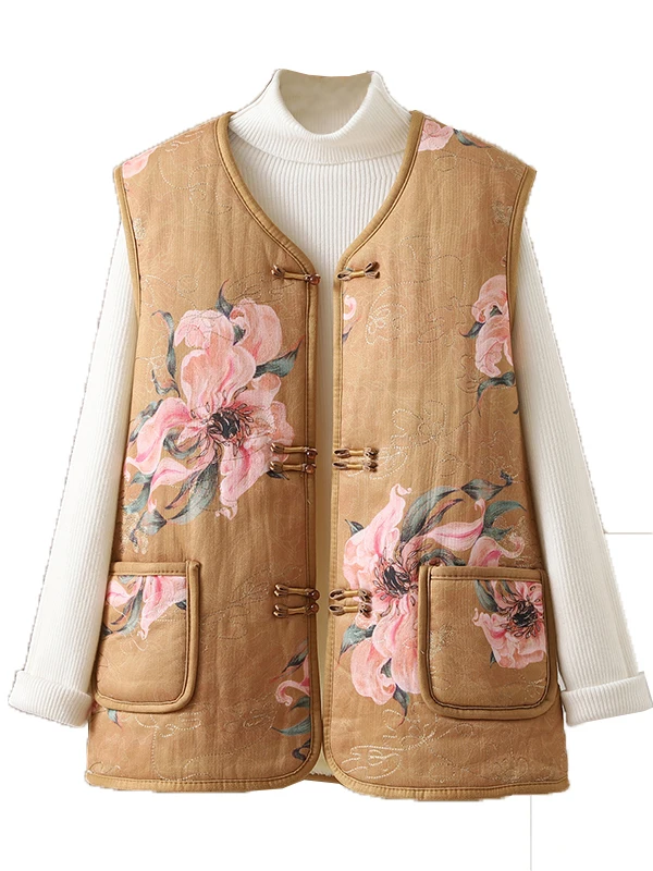 Colete feminino forrado com fce, quente, botão, artístico, retrô, estampa floral, v-ne, roupa externa interna