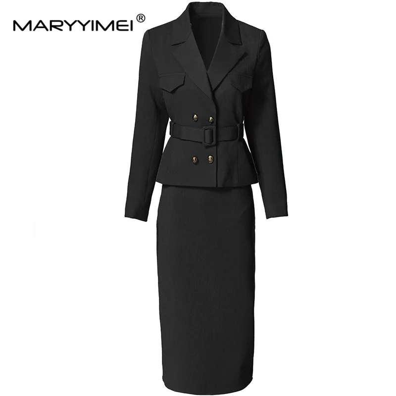 MARYYIMEI Women\'s Elegant Office and Business Suit Long Sleeved  Double-Breasted Tops+ Slim-Fit Hip Wrap Skirt 2 piece set