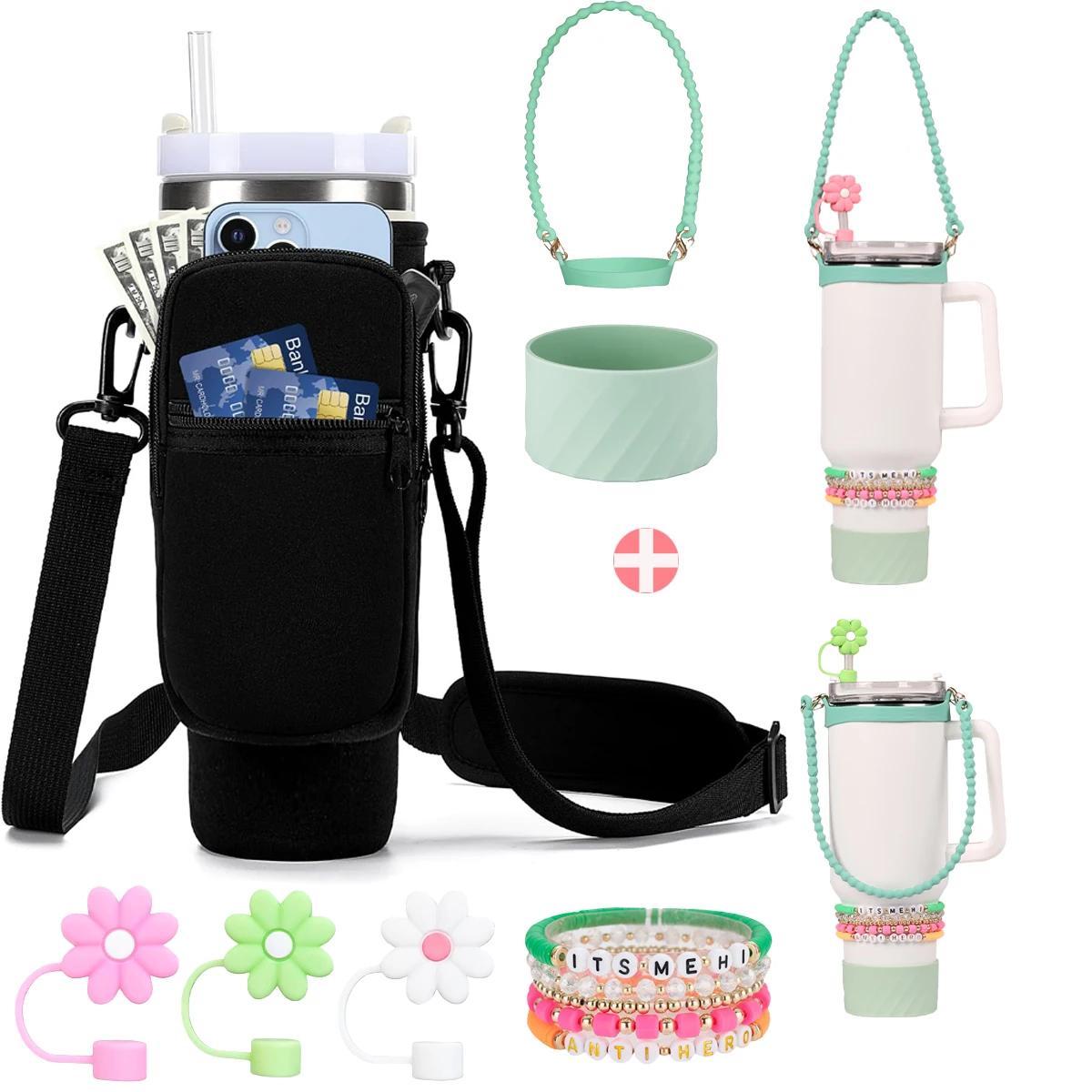 7PCS Cup Accessories Set for 40oz＆30oz Straw Covers Cap,Boot,Charm,Water Bottle Sling,Water Bottle Carrier Bag