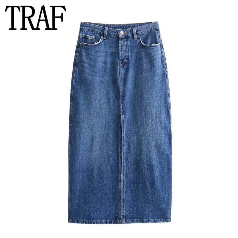 

TRAF Blue Midi Jeans Skirt For Women Vintage High Waist Denim Skirt Woman Spring Slit Skirt Y2k Streetwear Stylish Long Skirts