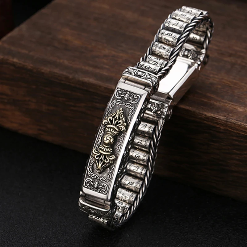 QN Silver Bracelet Men\'s Personality Style Retro Creative Hand-woven Six-character Mantra Barrel Bead Chain For Boyfriend Gift