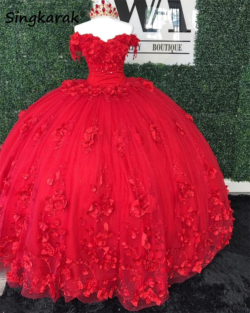 

Luxury Red 3D Flowers Princess Quinceanera Dress 2024 Off Shoulder Applique Beads Crystals Pearls Ball Gown Vestidos De 15 Años