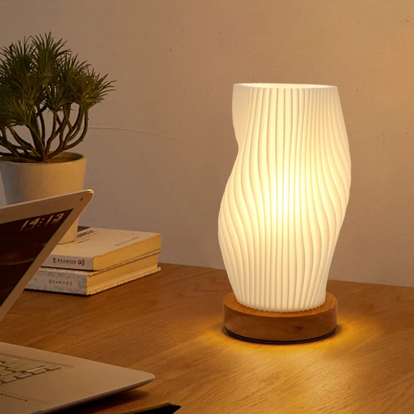

Rechargeable Touch Table Lamp, 3D-Printed Dimmable Battery Powered with Wood Base, Bedside Lamp for Bedroom Nightstand, Weddings, Parties, Patio Events, Indoors & Outdoors