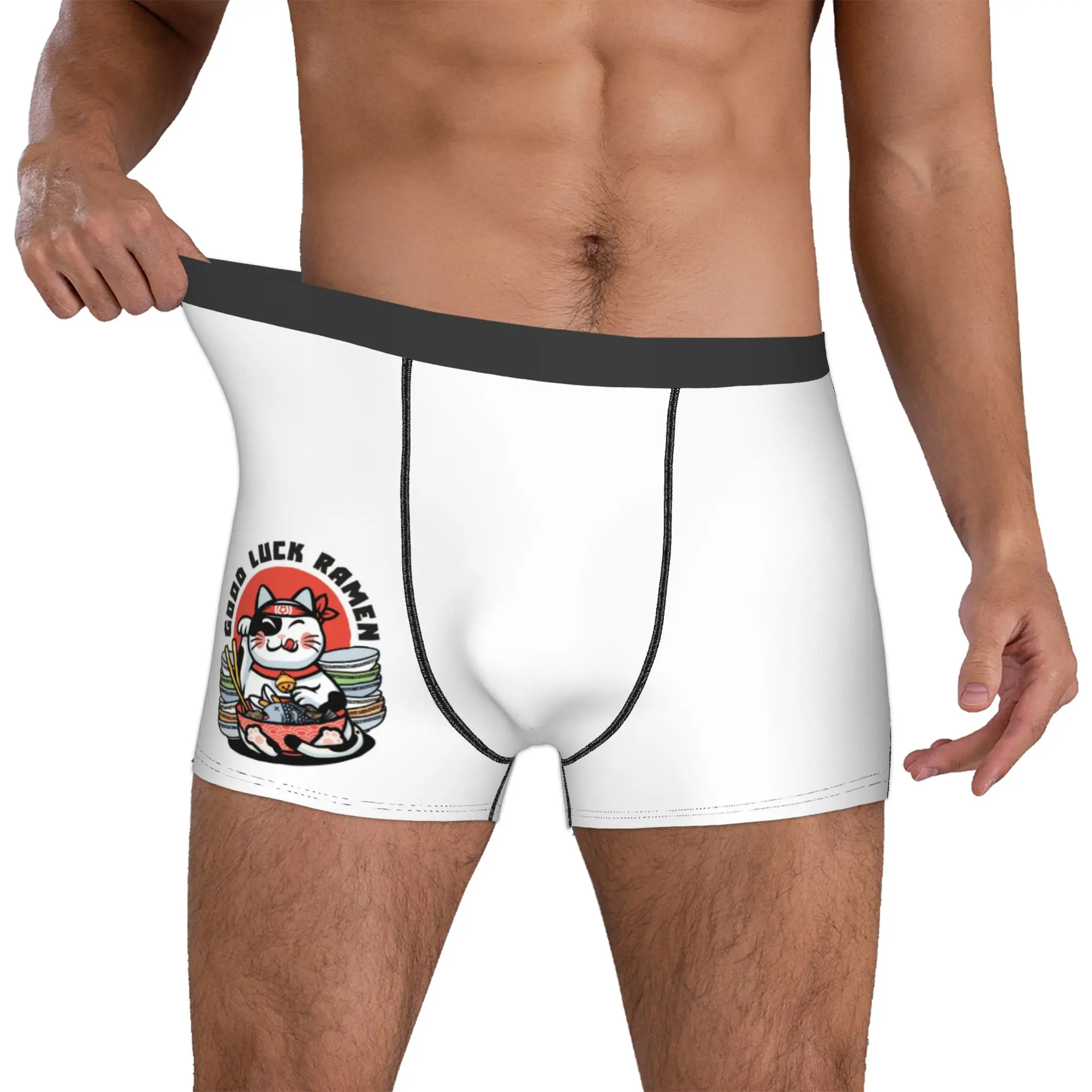 Custom Male Fashion Good Luck Ramen Maneki Neko Underwear Japanese Fortune Cat Boxer Briefs Stretch Shorts Panties Underpants