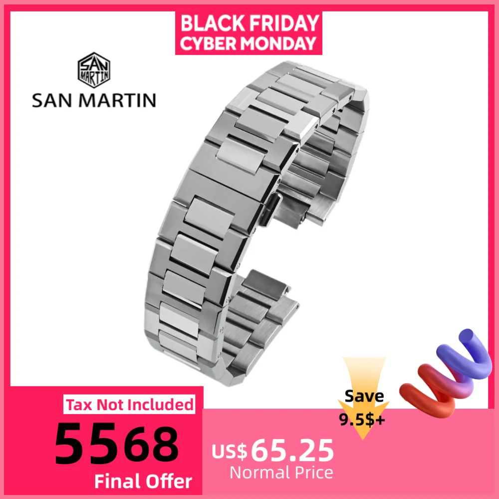 

San Martin Solid 3-Link браслет из нержавеющей стали 316L с винтовым дизайном ремешок для часов 20 мм с застежкой-бабочкой водонепроницаемый SN0026