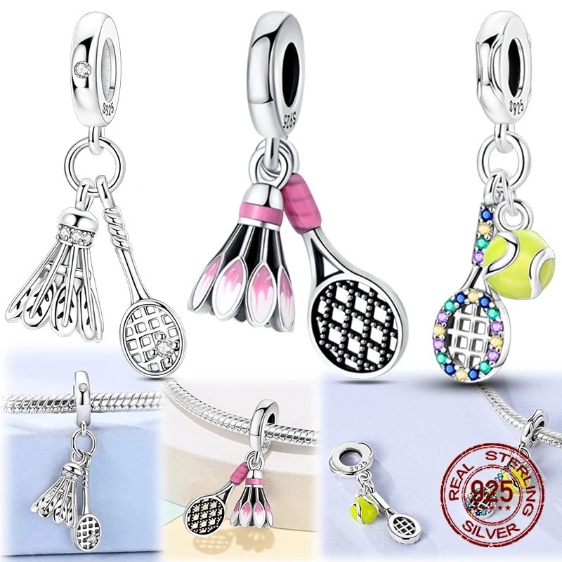 

925 Sterling Silver Badminton & Tennis Racket Dangle Charms Colorful CZ Stones Fit Bracelets Sporty Jewelry Gift for Women Girls