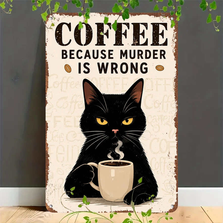 2D flat retro metal tin plate, Vintage Black Cat Coffee Humor Tin Sign, Suitable for home, garage, café, bar and garden decoration