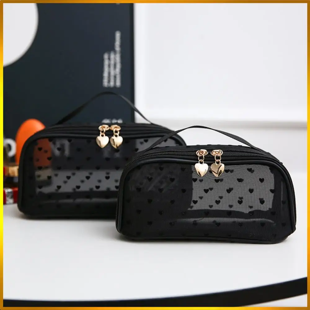 

Heart Print Mesh Makeup Bags Zipper Women Mesh Cosmetic Bags Makeup Pouches Bags Items Storage Bags Travel Cosmetic Accessories