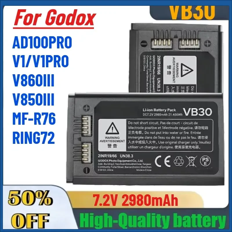 VB30 7.2V 2980mAh Digital Batteries for Godox AD100PRO V1/V1PRO V860III V850III MF-R76 RING72 Lithium flash Fast Shipping